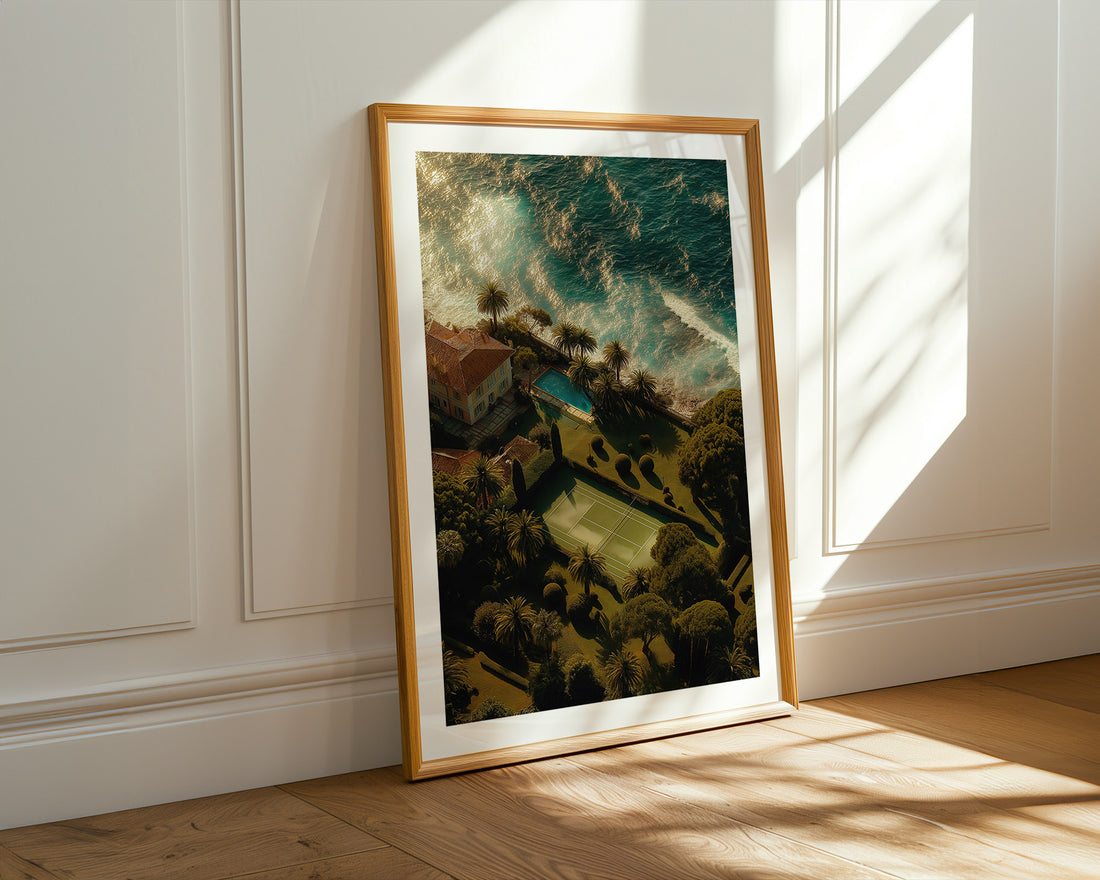 Framed artwork on a wall with sunlight casting shadows