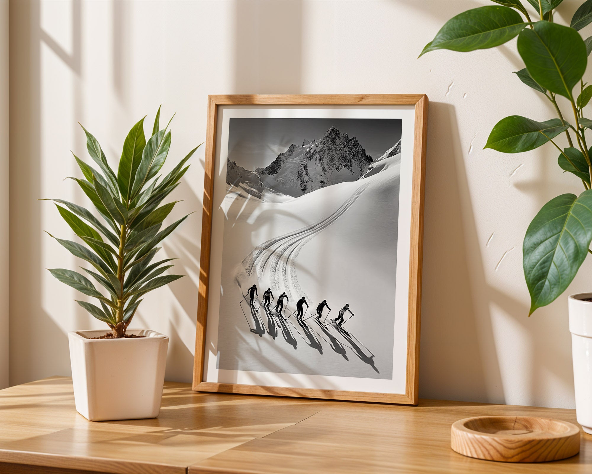 Framed black and white print of skiers on a mountain with plants and a wooden bowl on a table.