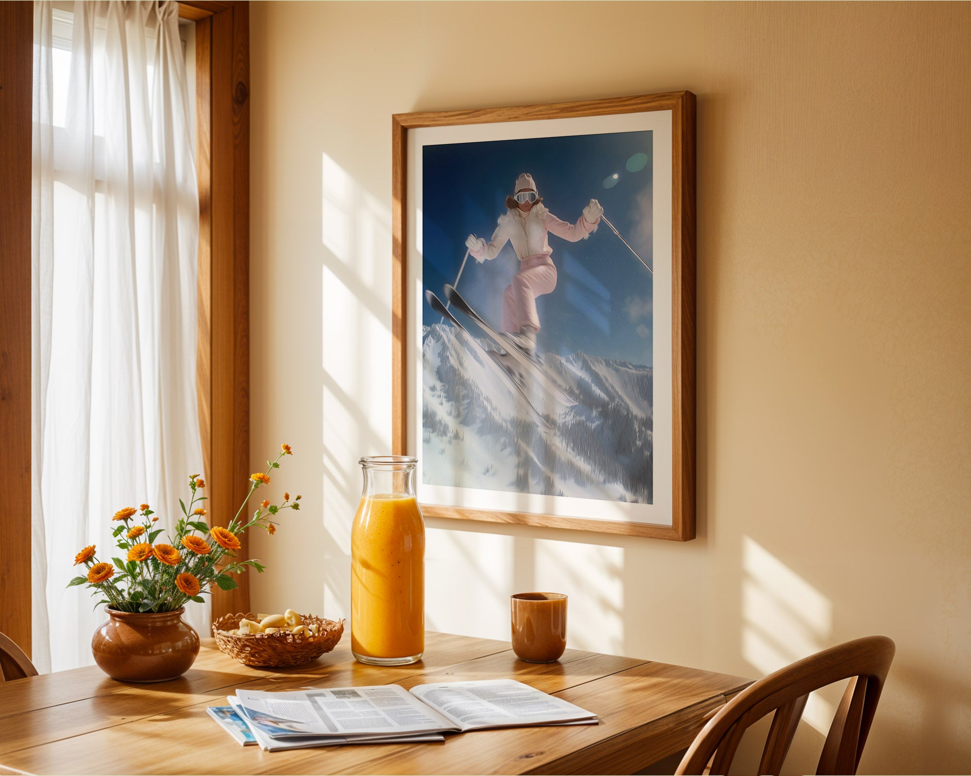 Wooden table with a vase of flowers, a bottle of orange juice, and a newspaper. A framed picture of a skier on the wall.