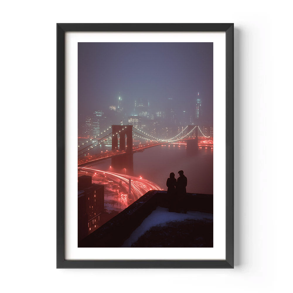 Framed artwork of a cityscape with Brooklyn Bridge and two silhouetted figures, likely a print or poster.