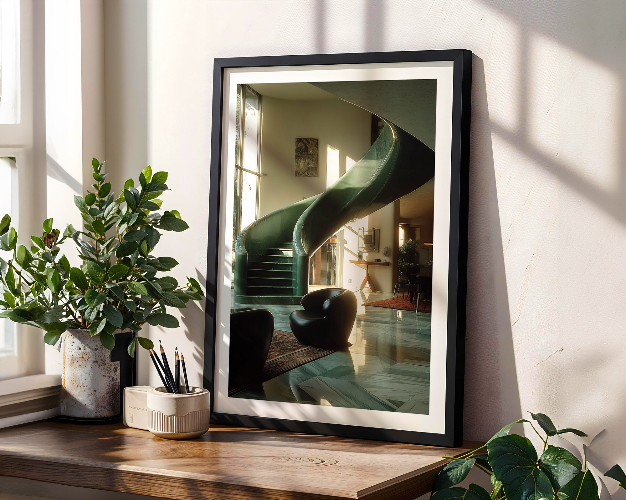 Framed mirror on a wall with a plant and decorative items below