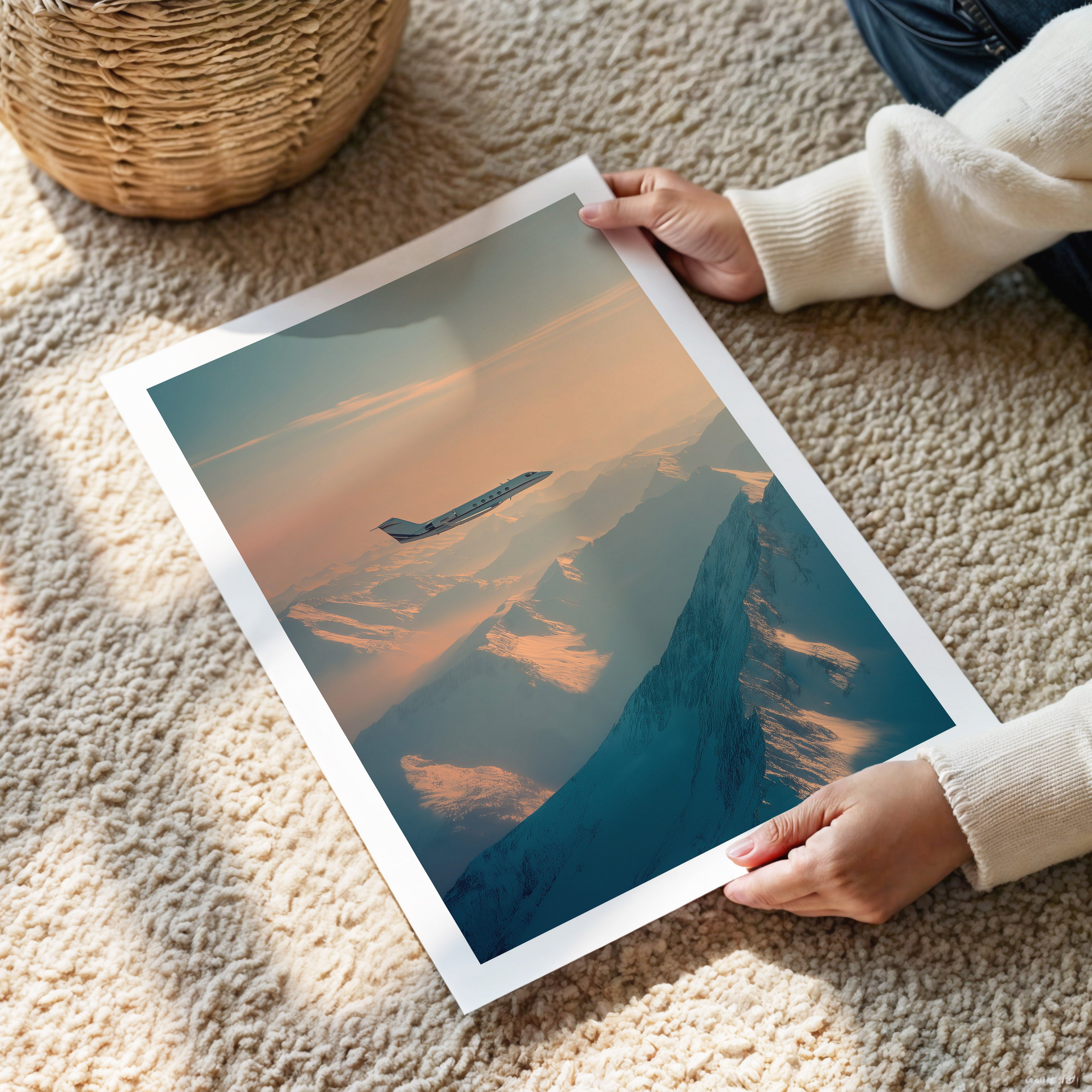 Person holding a large photo of a mountain landscape on a carpeted floor.