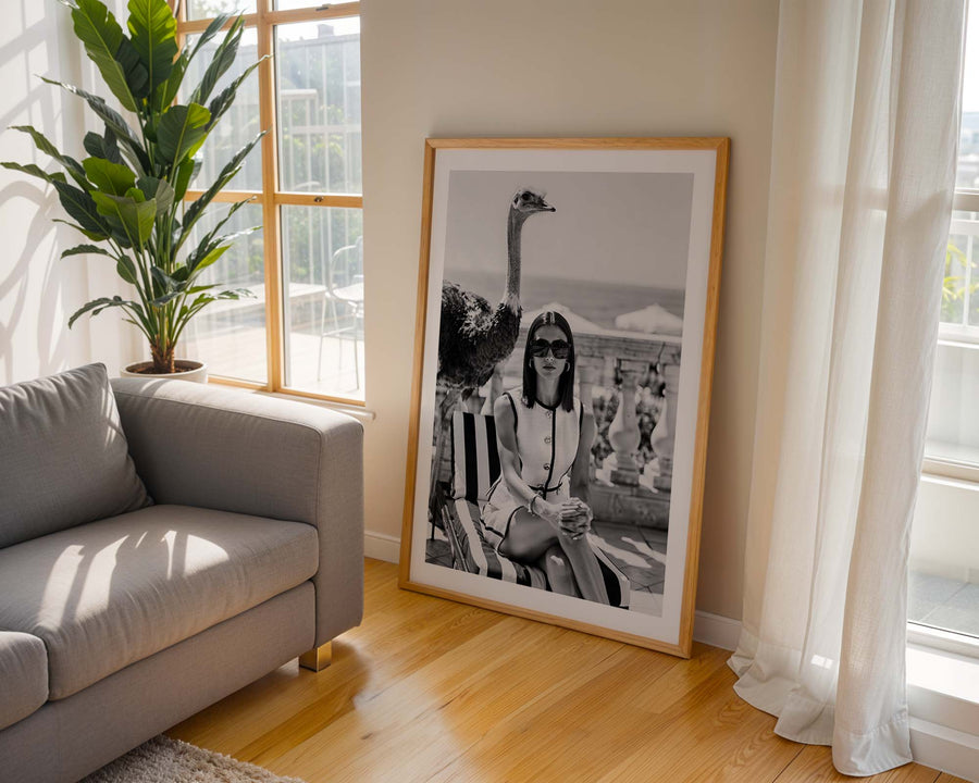 Framed black and white photograph of a woman and ostrich on a wall in a living room with a couch and plant.