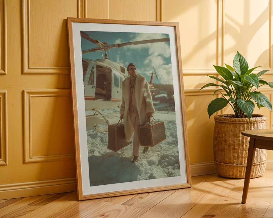 Framed photograph of a person on a boat against a wooden wall with a plant and table.