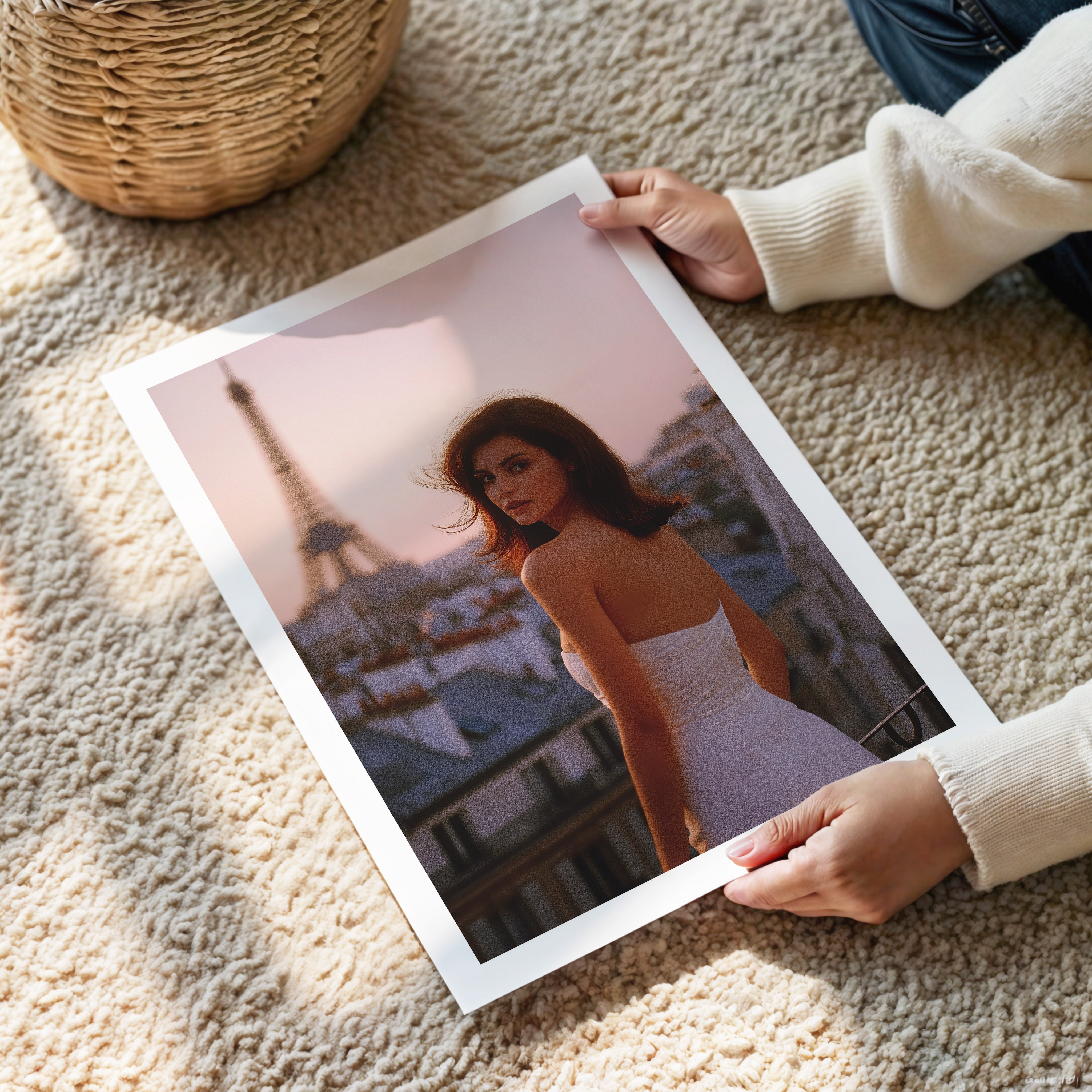 Person holding a printed photo of a woman in a white dress with the Eiffel Tower in the background on a carpeted floor.