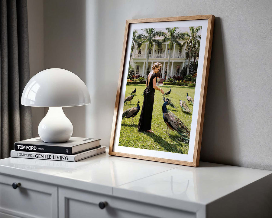 Framed photograph of a woman with peacocks on a dresser next to a white lamp and books.