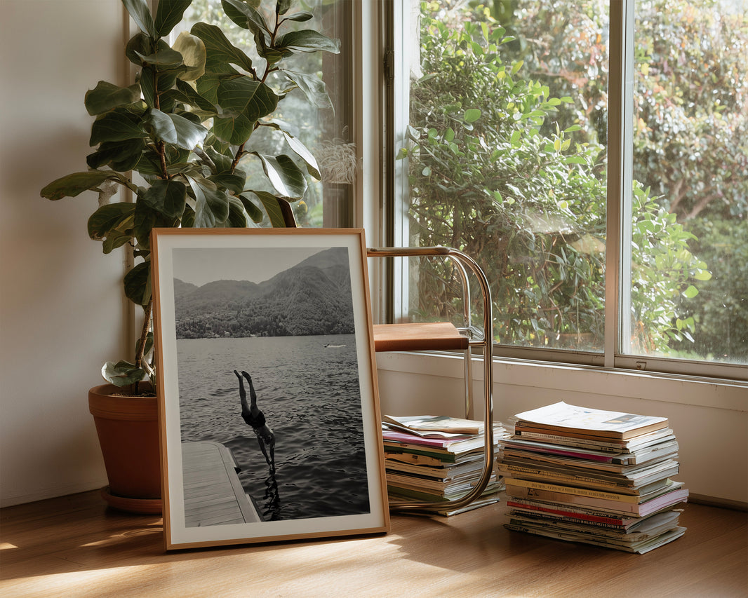 A framed black and white art print depicting a swan on a dock by a lake, styled on a wooden floor next to a potted fiddle-leaf fig plant and a brass side table holding stacks of magazines in a sunlit room.