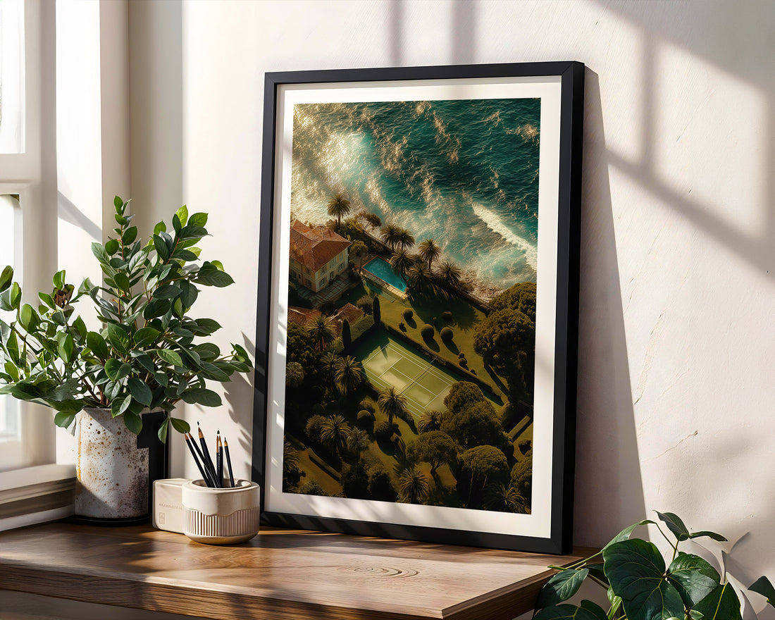 Framed artwork on a wooden shelf with plants
