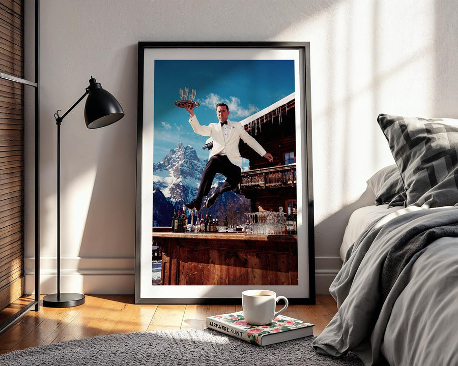 Framed movie poster of a man in a tuxedo in a bedroom setting with a lamp and bed.