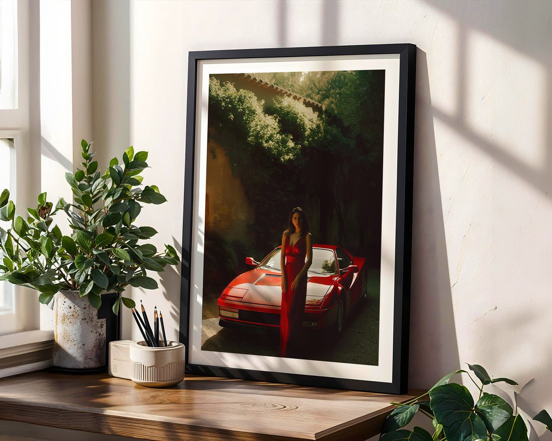 Framed artwork of a woman in a red dress standing next to a red car on a wooden shelf with plants.