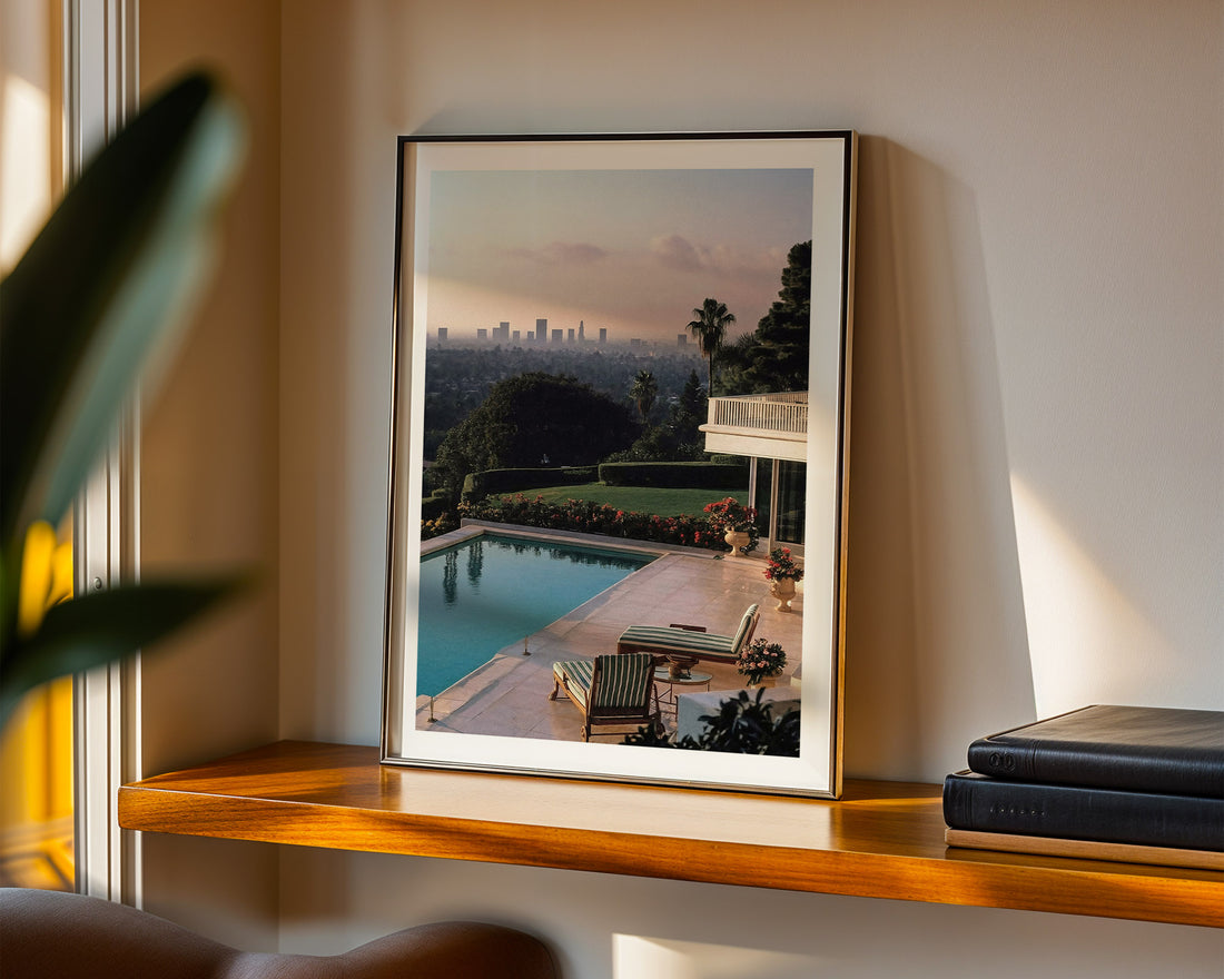 Framed picture of a pool and cityscape of Los Angeles on a shelf with books and a plant.