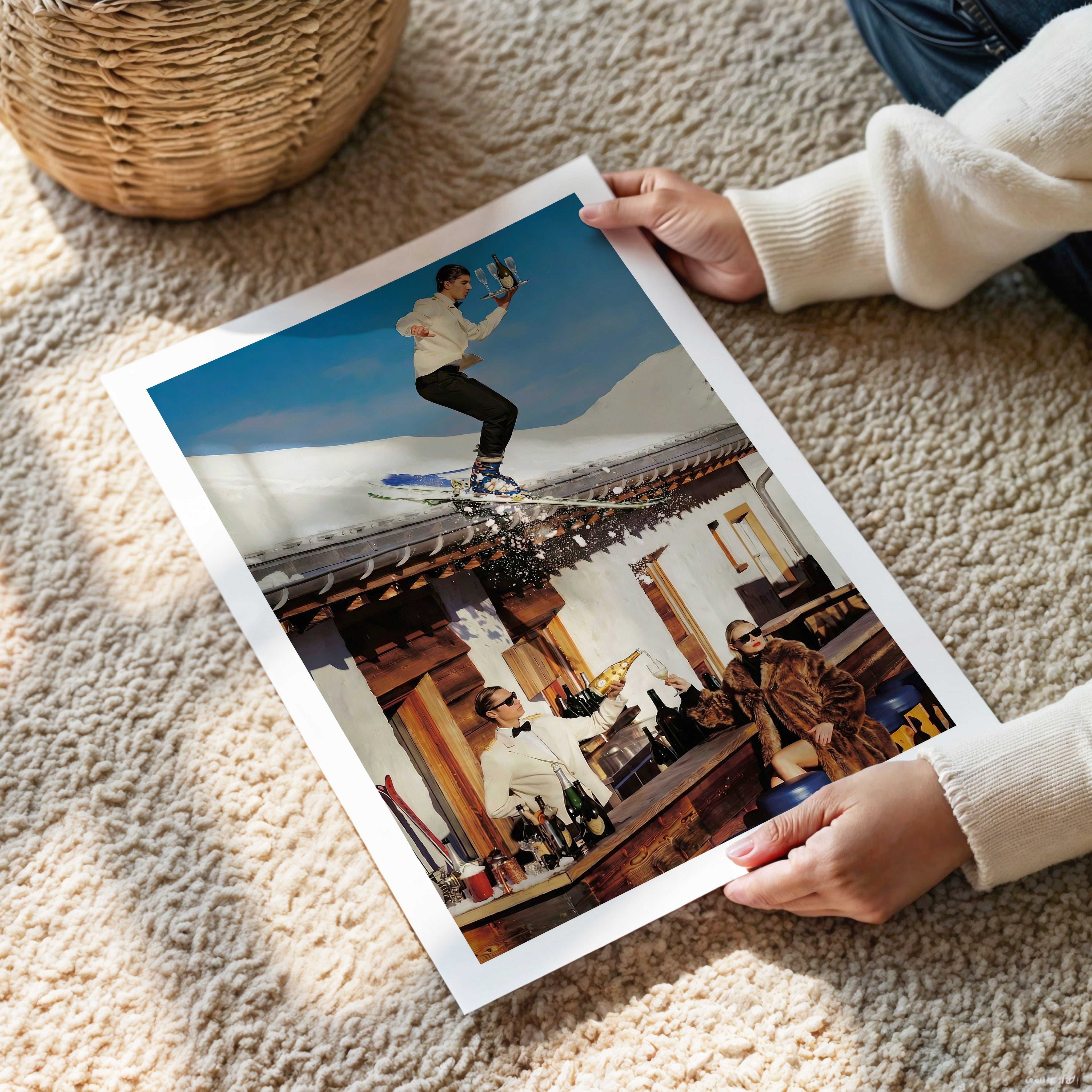 Person holding a large photo of a person skiing with Champagne on a roof with another photo of a room with people.
