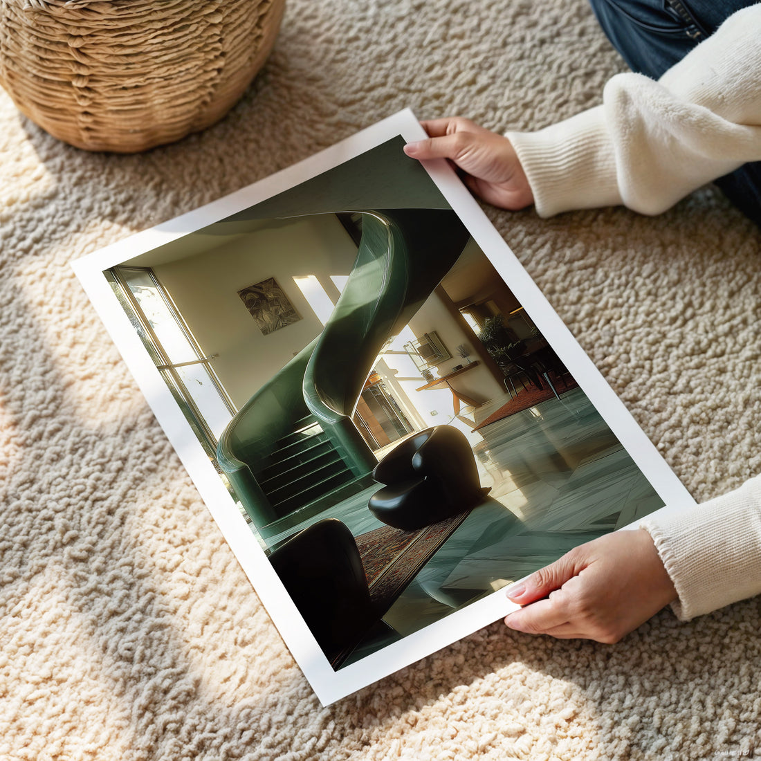 Person holding a framed photograph of a green chair on a beige carpet