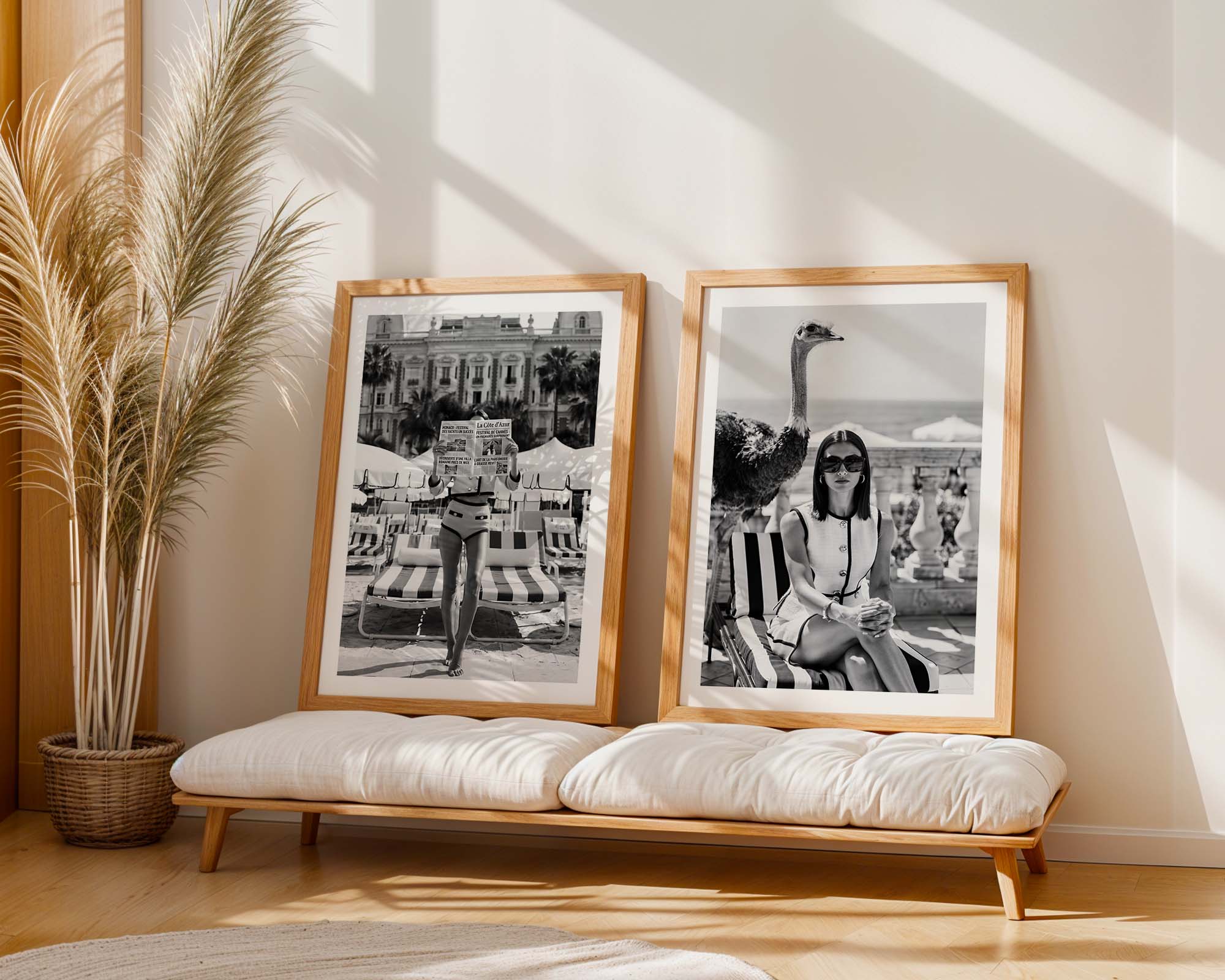 Two framed black and white photos on a wooden bench with a plant in the background.