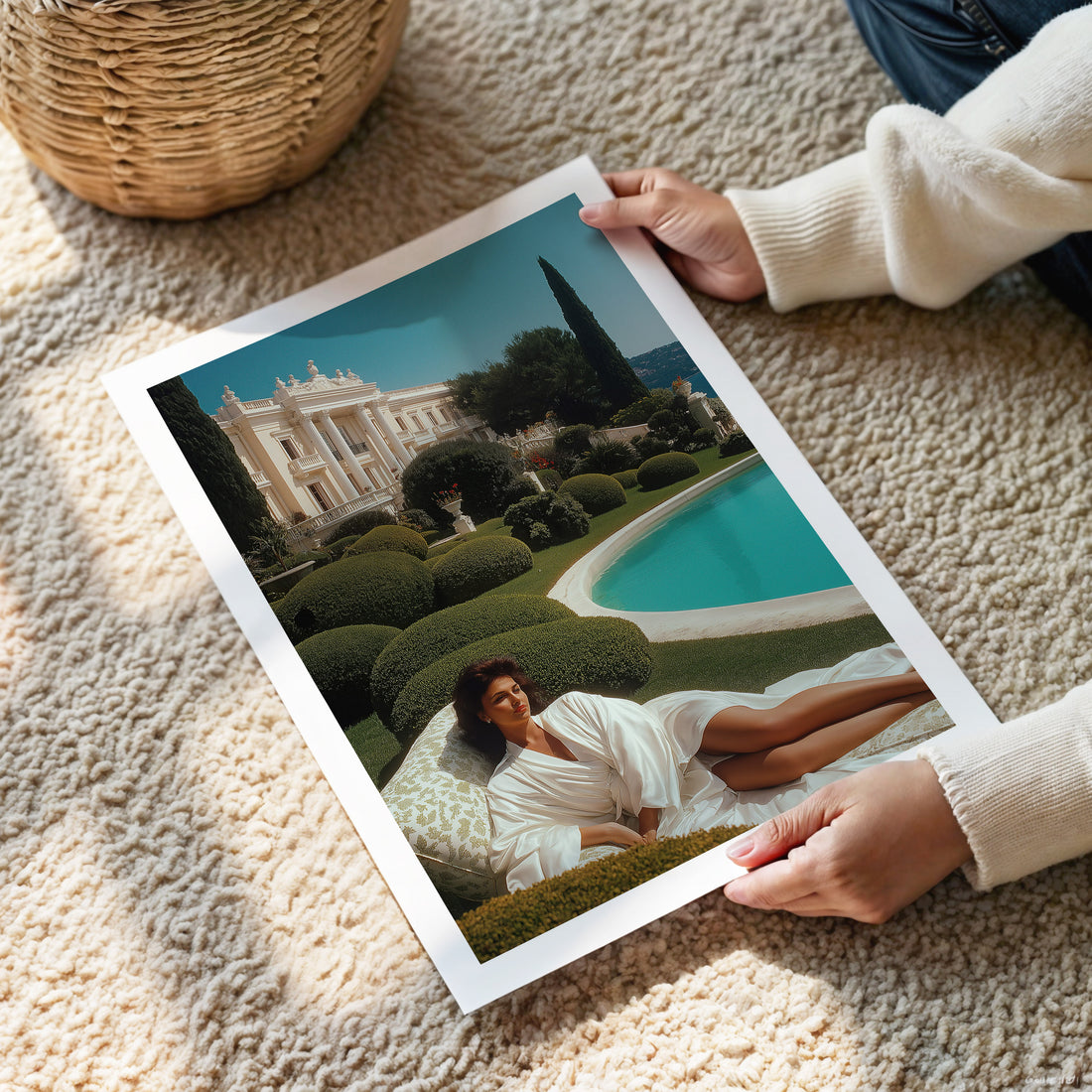 Person holding a photo of a couple in a garden with a palace in the background on a carpeted floor.
