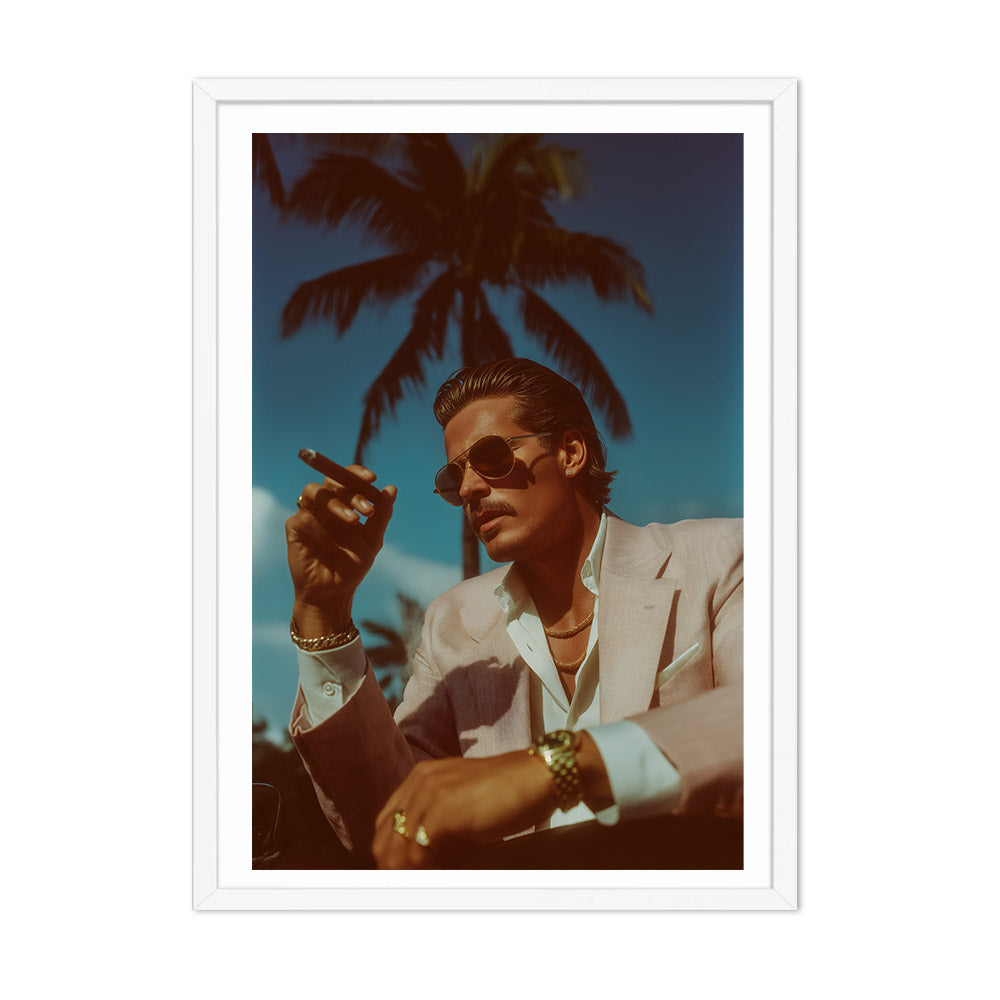 Man smoking a cigar with palm trees in the background