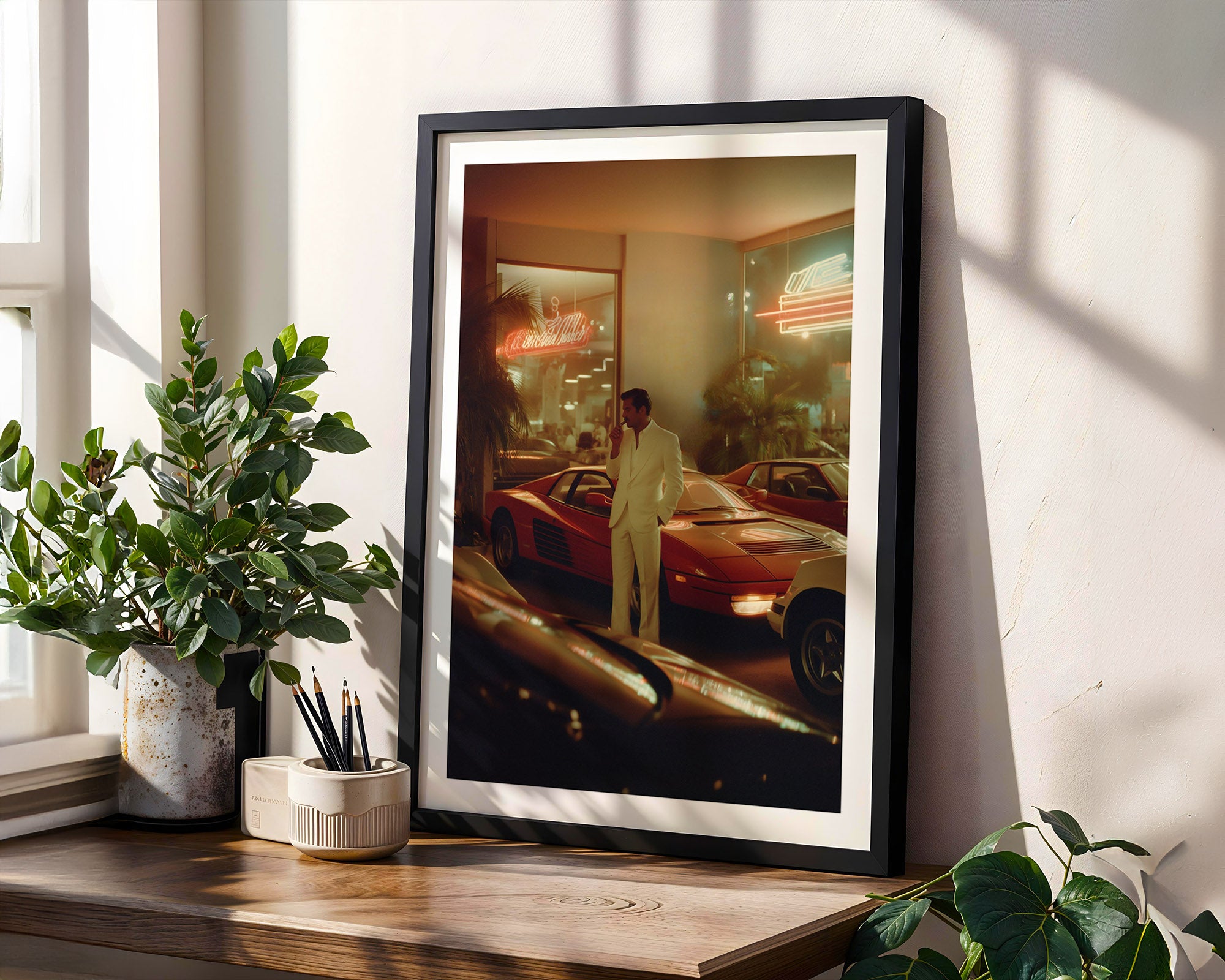 Framed photograph of a person in a yellow suit standing next to a red car on a wooden shelf with plants.