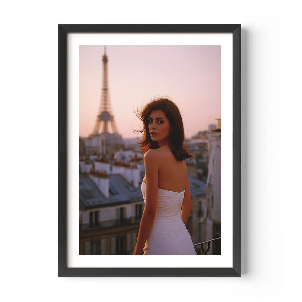 Framed photograph of a woman in a white dress with the Eiffel Tower in the background