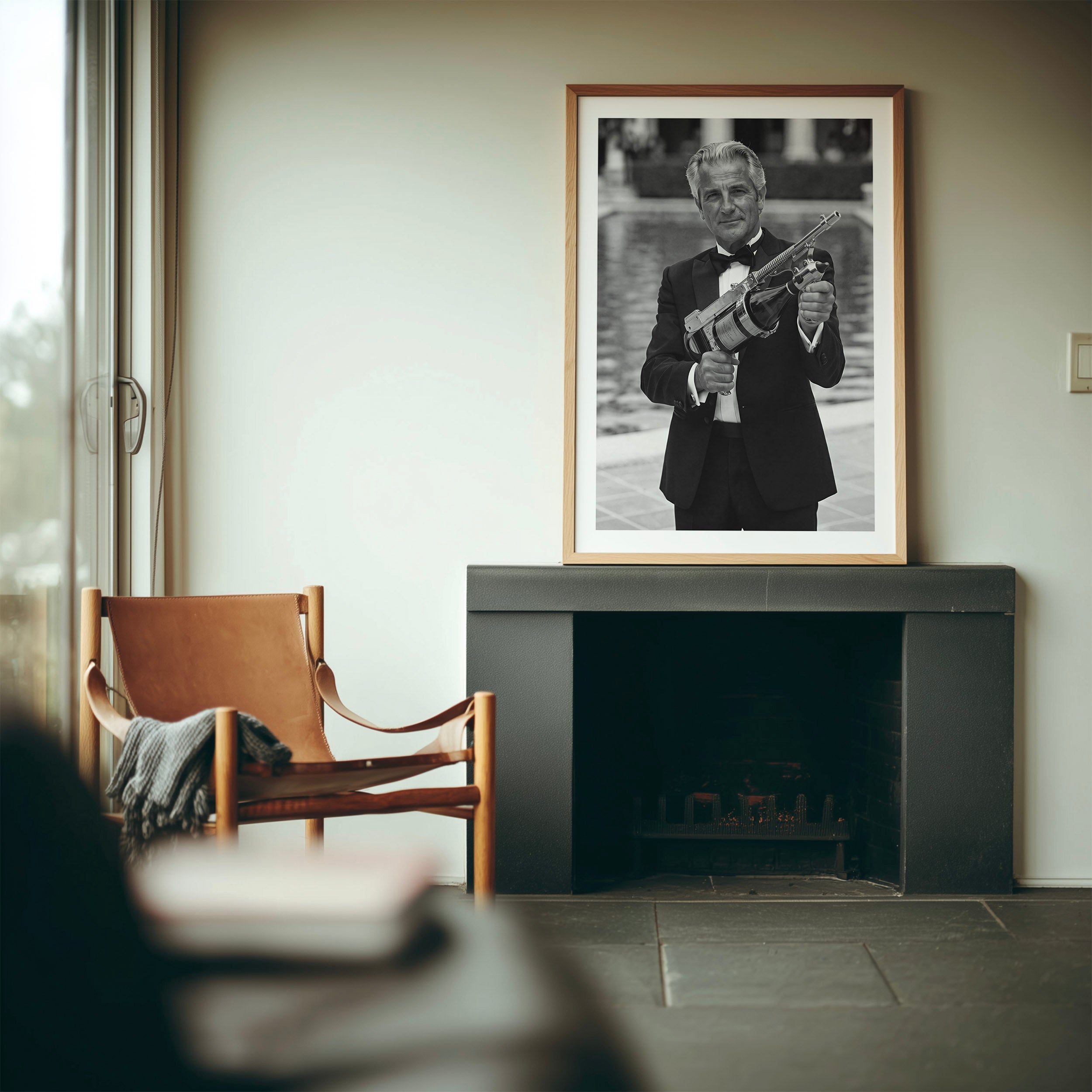 A framed black and white art print of a man holding a rifle, styled in a modern living room above a dark fireplace mantel.