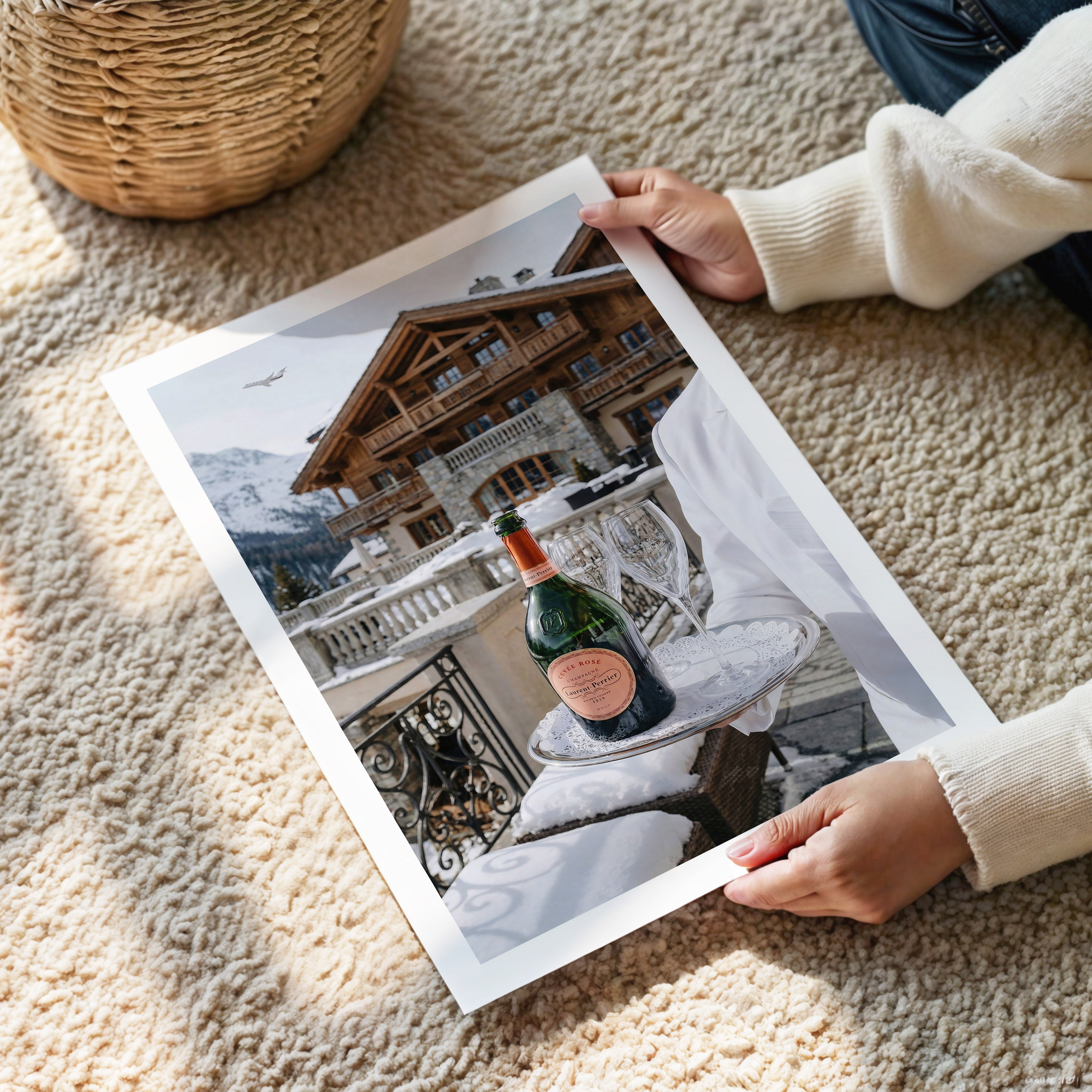 Person holding a photo of a bottle of champagne on a table with mountains in the background
