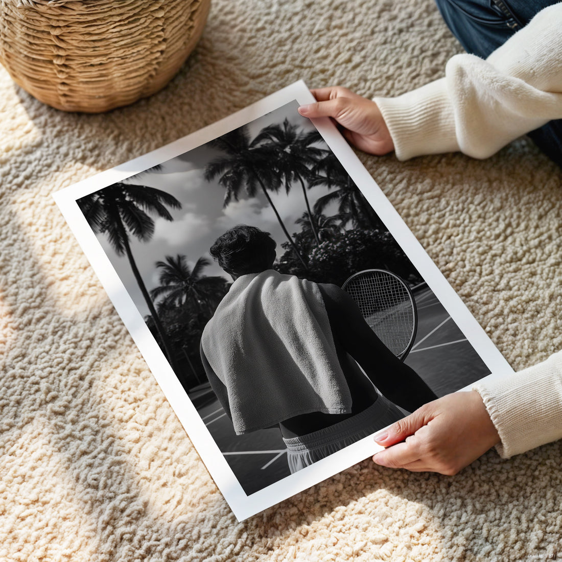Person holding a black and white photo of a person with a tennis racket against a palm tree background.