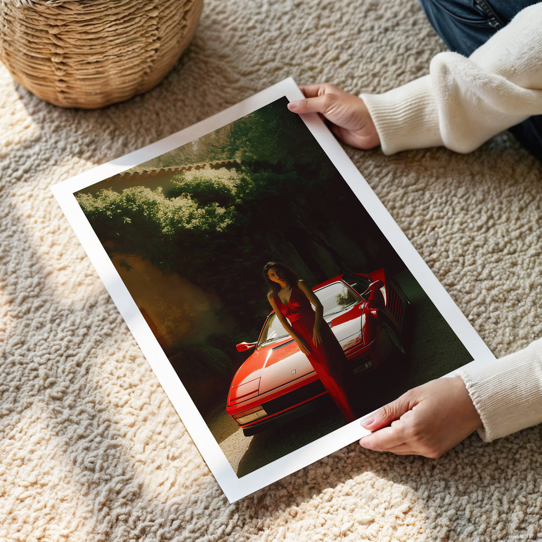 Person holding a large photo of a red car and a person in a field.
