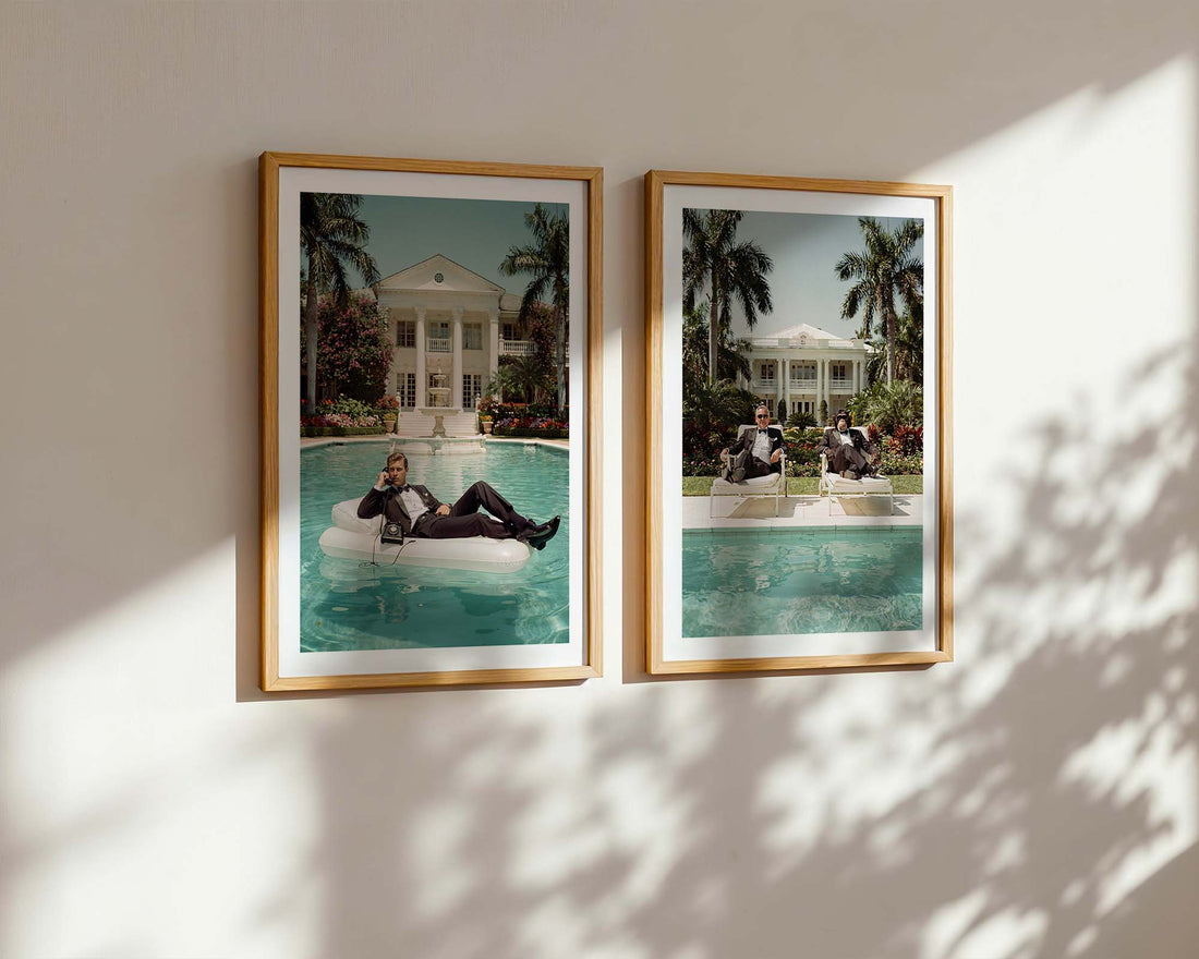 Two framed photographs of a person lounging on an inflatable pool toy by a poolside with palm trees.