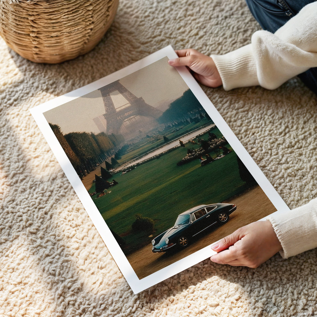 Person holding a framed print of a car and Eiffel Tower in Paris on a carpeted floor.