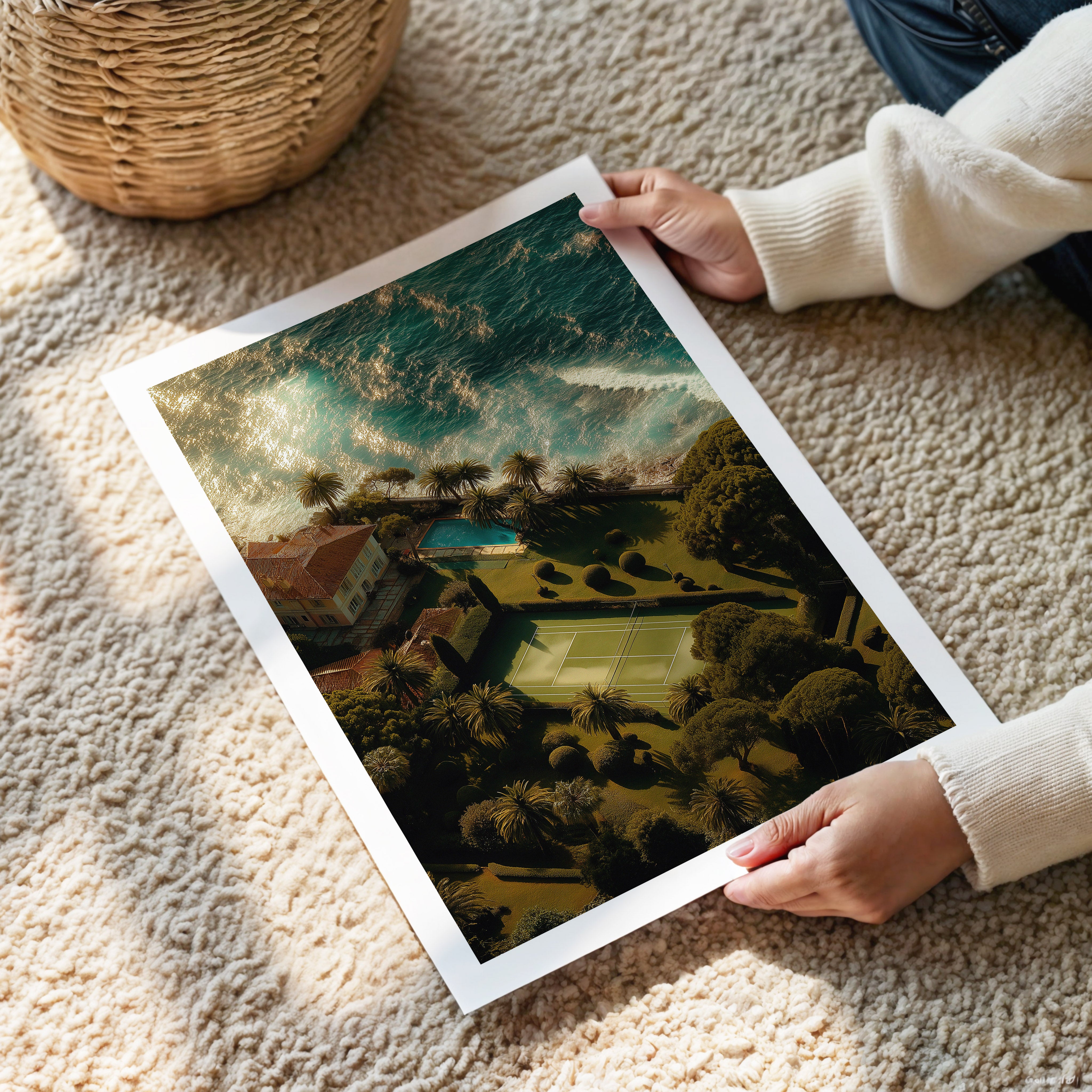 Person holding a framed artwork of a landscape on a carpeted floor