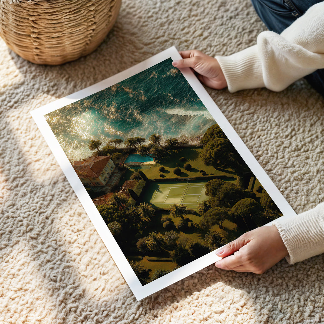 Person holding a framed artwork of a landscape on a carpeted floor