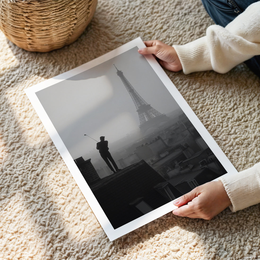 Person holding a framed black and white photo of the Eiffel Tower on a carpeted floor.