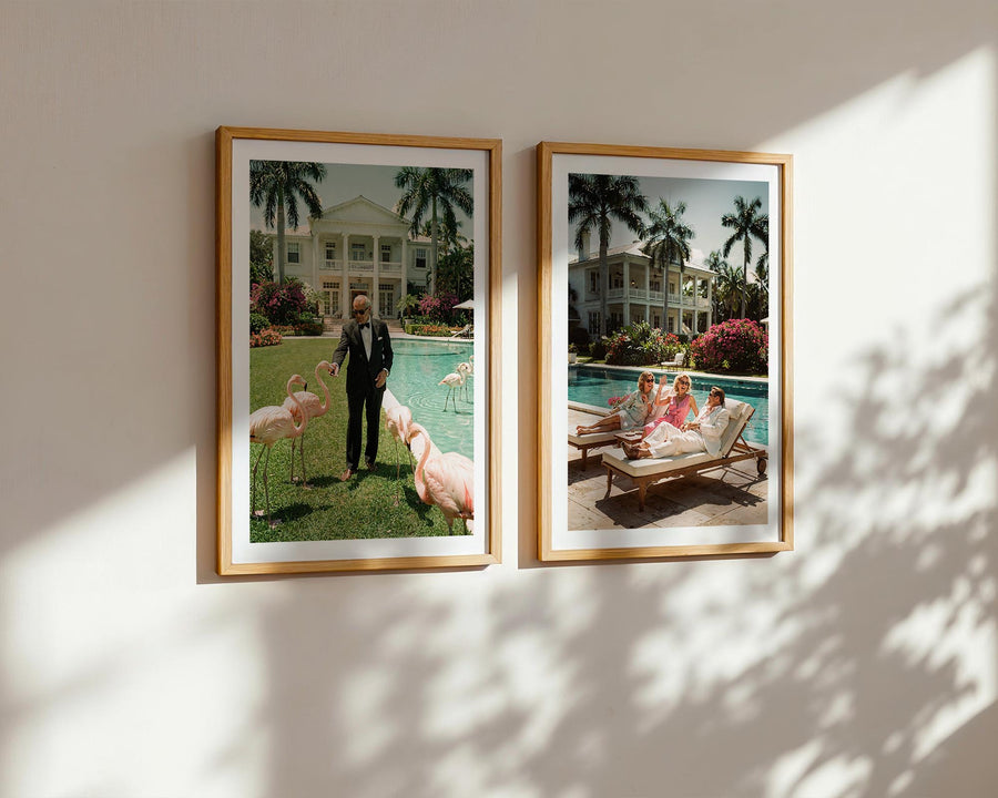 Two framed photographs on a wall with palm trees and a house in the background.