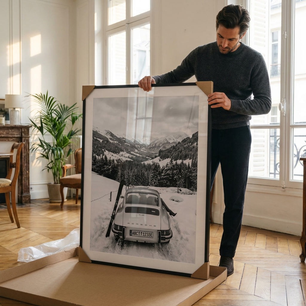 Man holding a framed photograph of a snowy landscape with a car in a room.