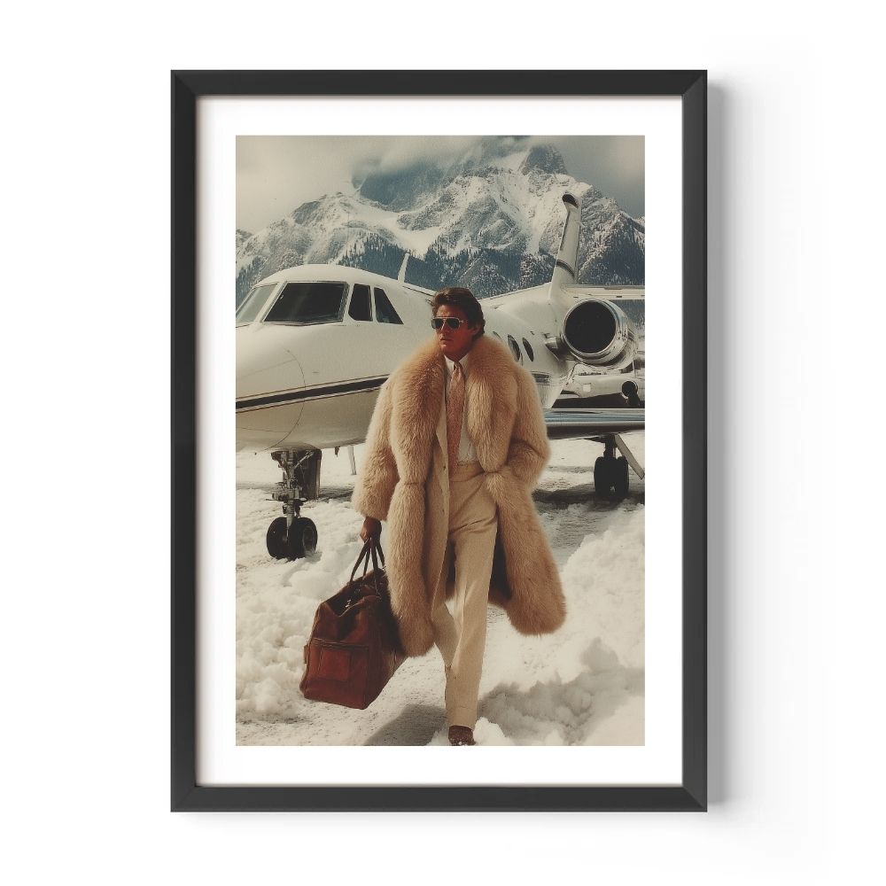 Person in a fur coat standing in front of a private jet airplane with mountains in the background