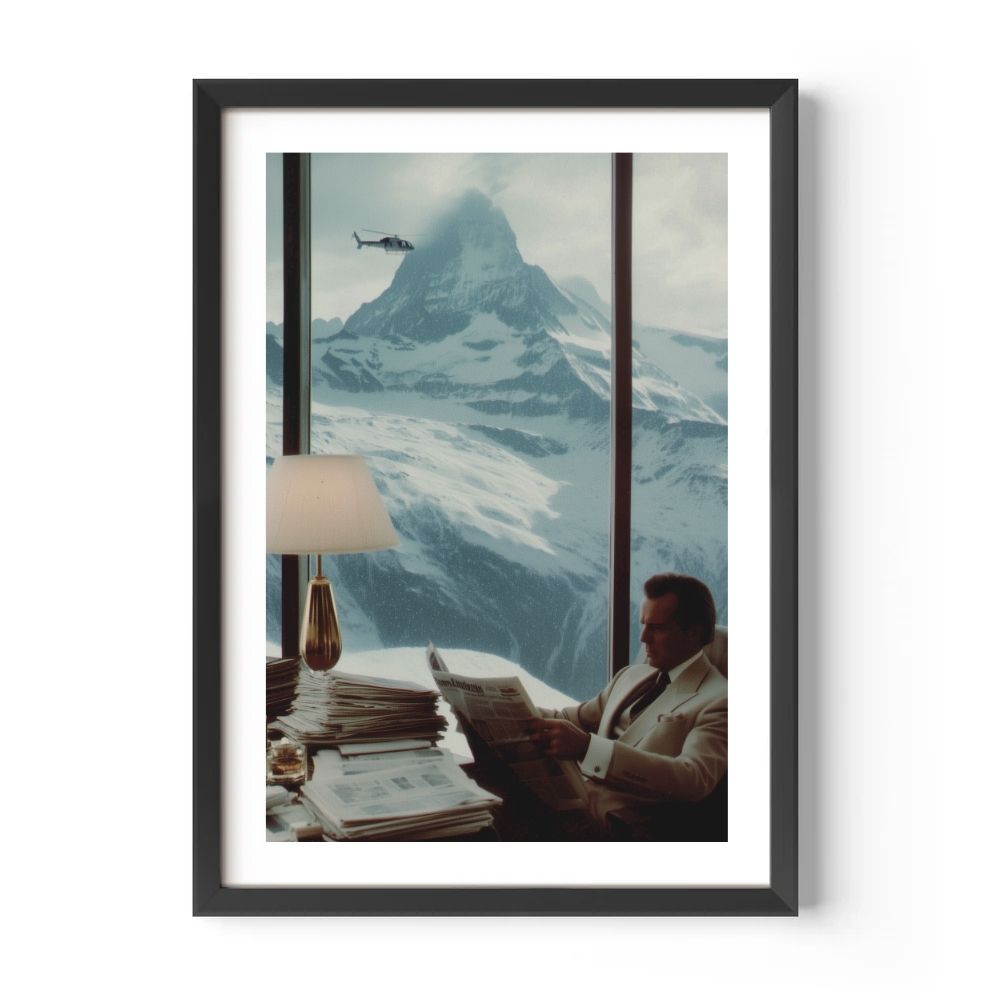 Man reading a newspaper with a mountainous landscape and helicopter in the background