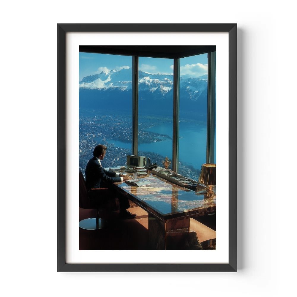Person sitting at a desk with a breathtaking view of mountains and cityscape through large windows.