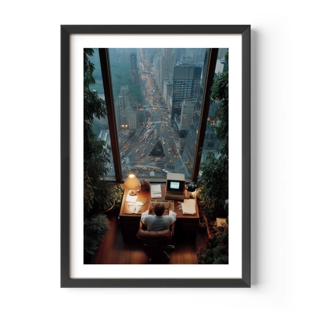 Person sitting at a desk with a cityscape view through large windows.