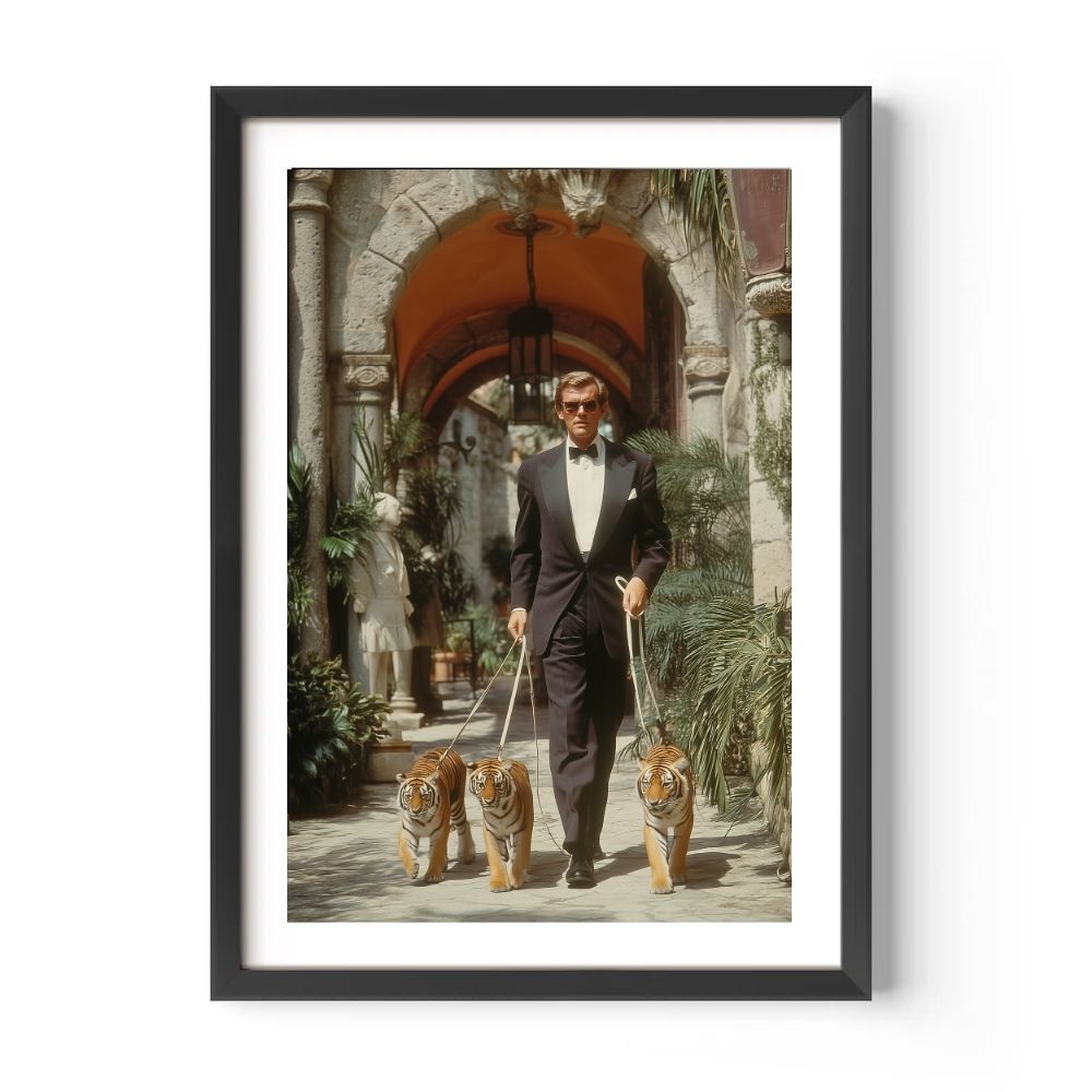 Framed artwork of a man in a suit walking three tiger cubs in an ornate garden setting.