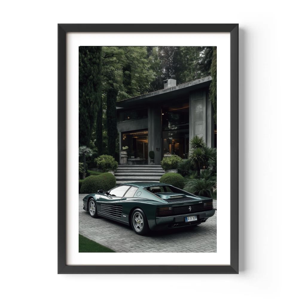Green Ferrari Testarossa car parked in front of a modern house with a forest background