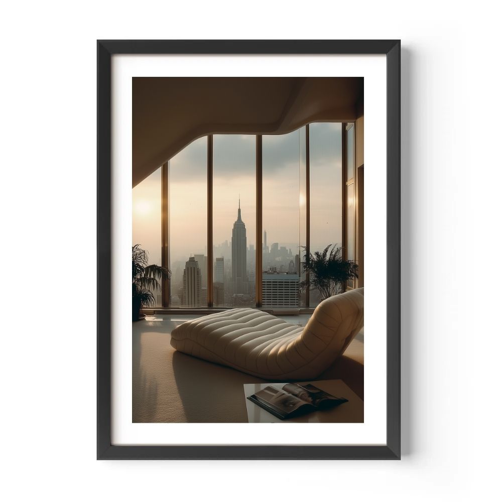 Framed photo of a cityscape with a modern interior setting