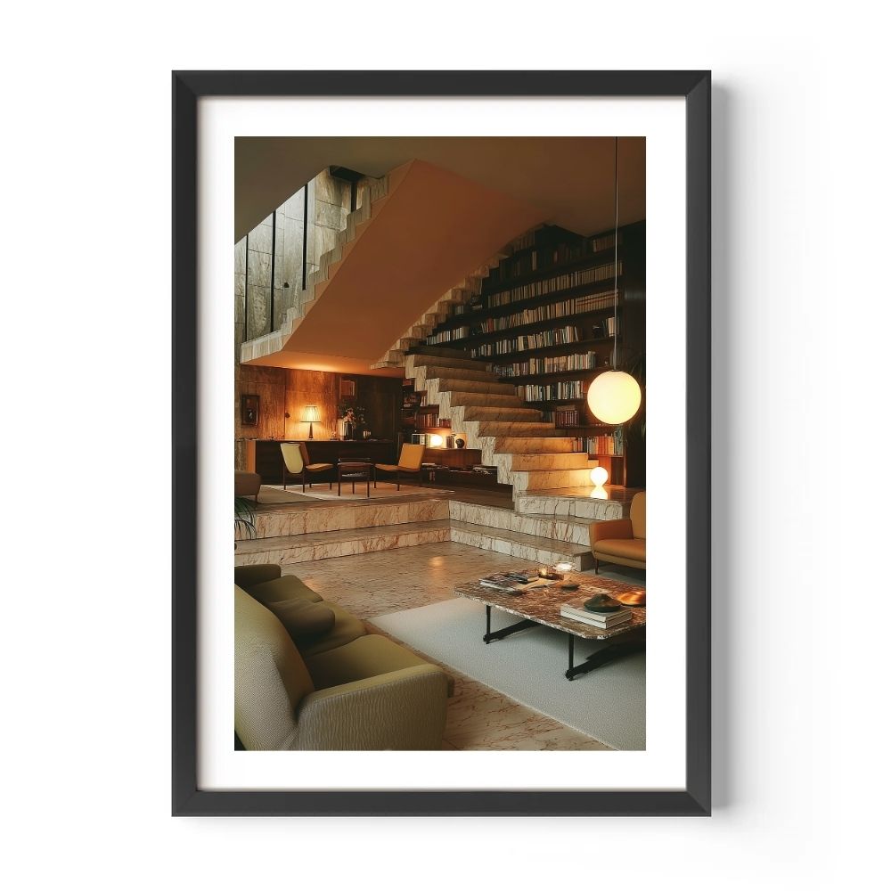 Framed photo of a modern living room with a staircase