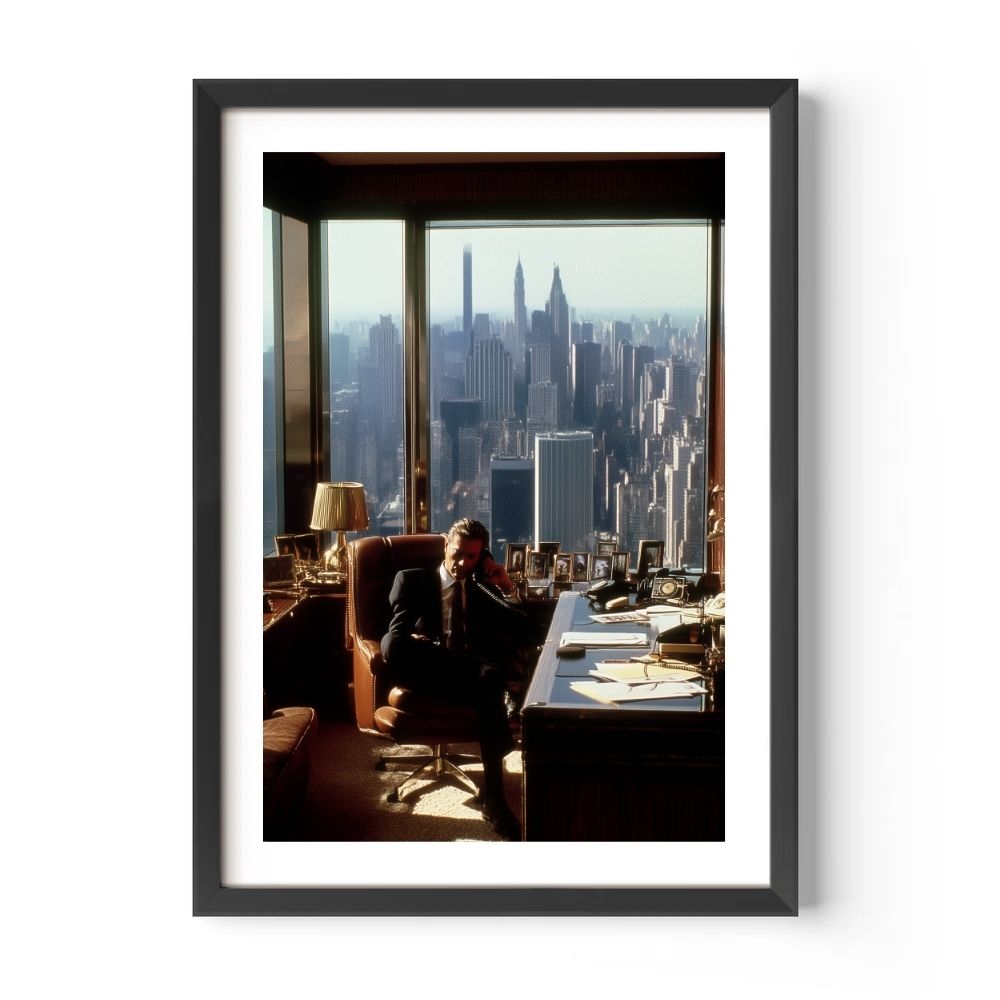 Man sitting at a desk with a cityscape view through large windows