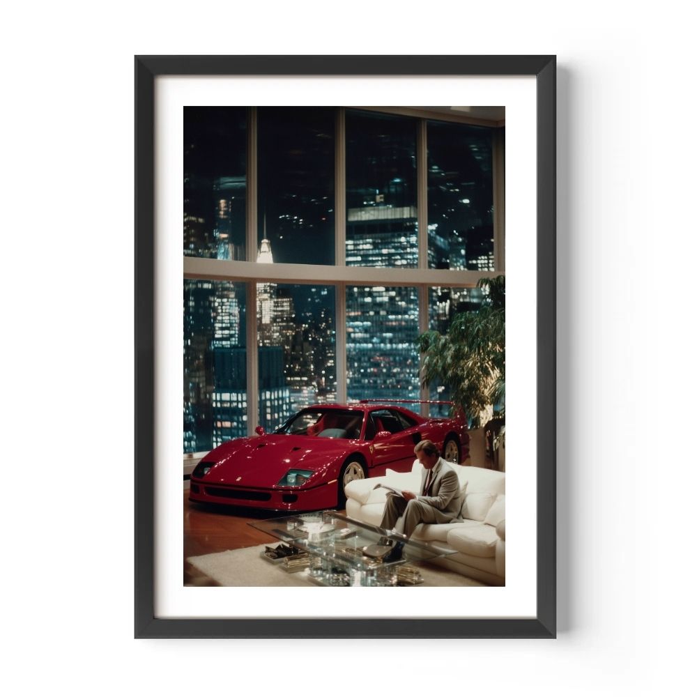 Framed photo of a red Ferrari in a penthouse with a cityscape view.