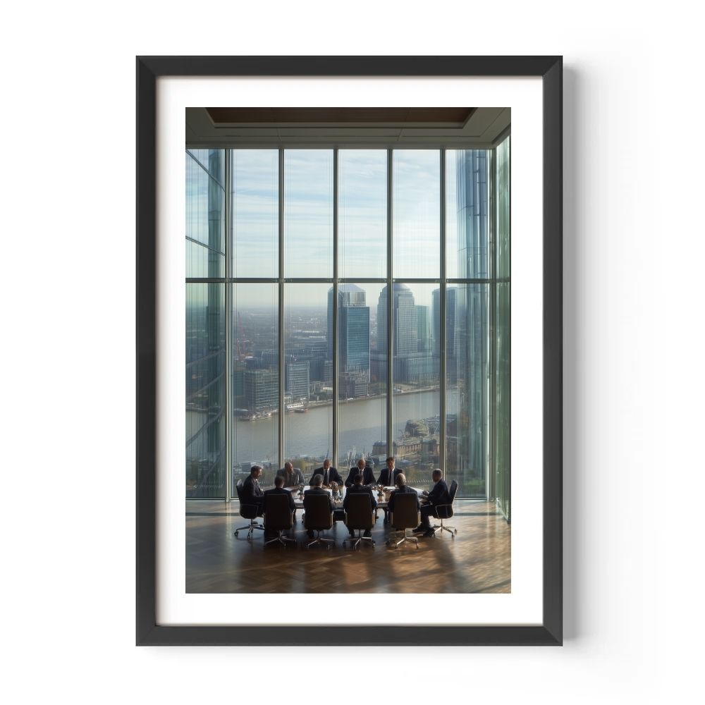 Framed photo of a conference room with a cityscape view