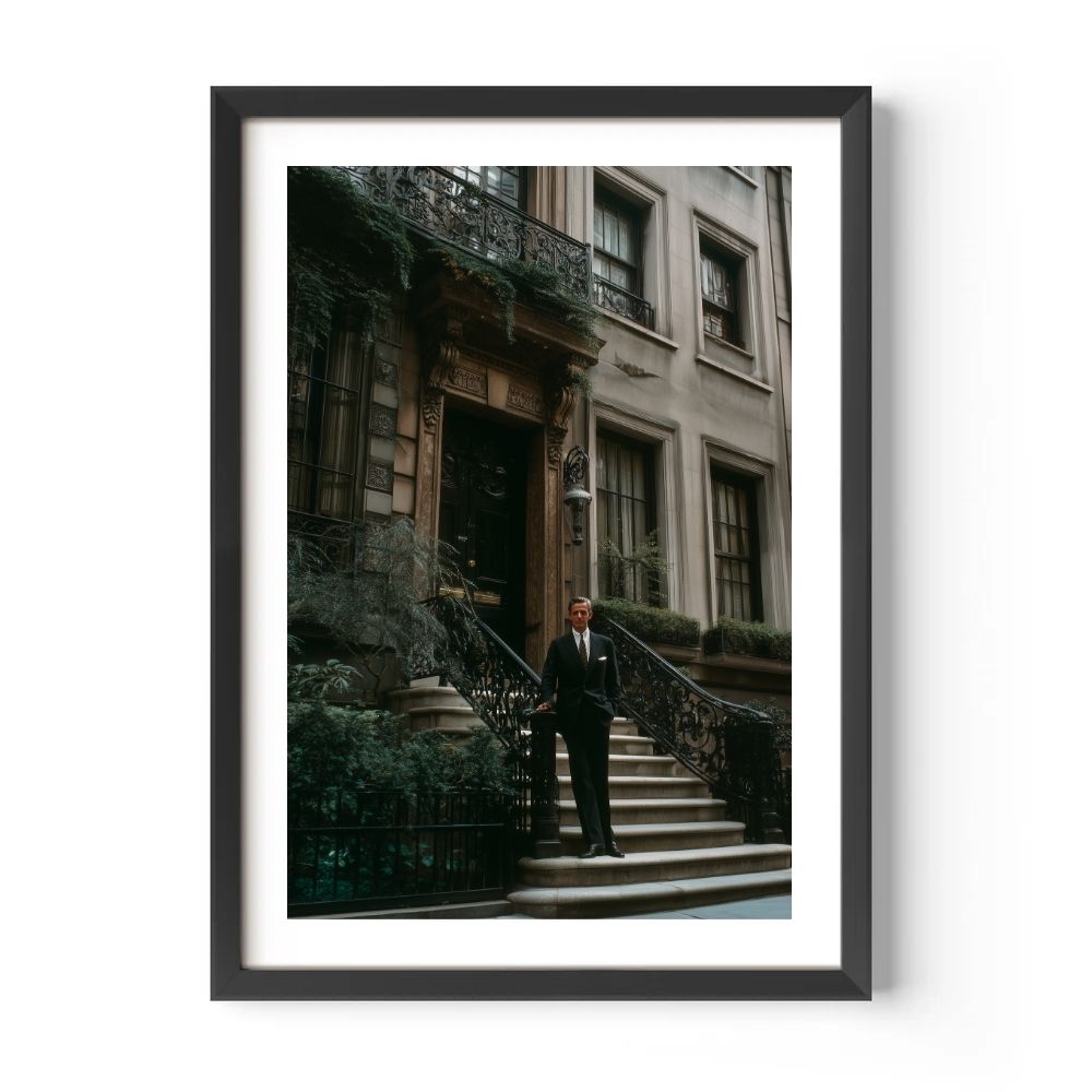 Framed photograph of a man in a suit standing on steps in front of an elegant building in New York.