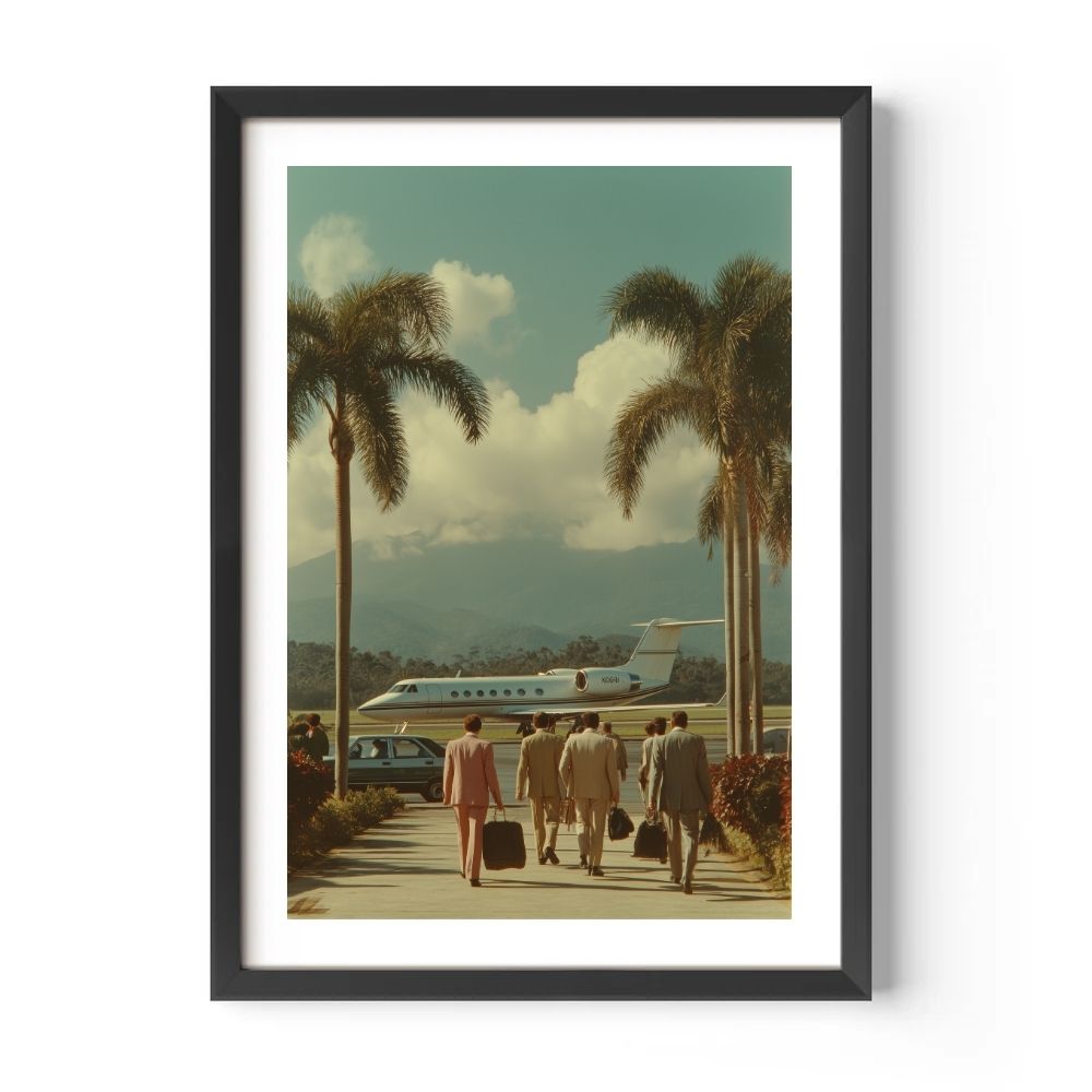 Framed artwork of a vintage scene with people walking towards a private jet, palm trees, and mountains.