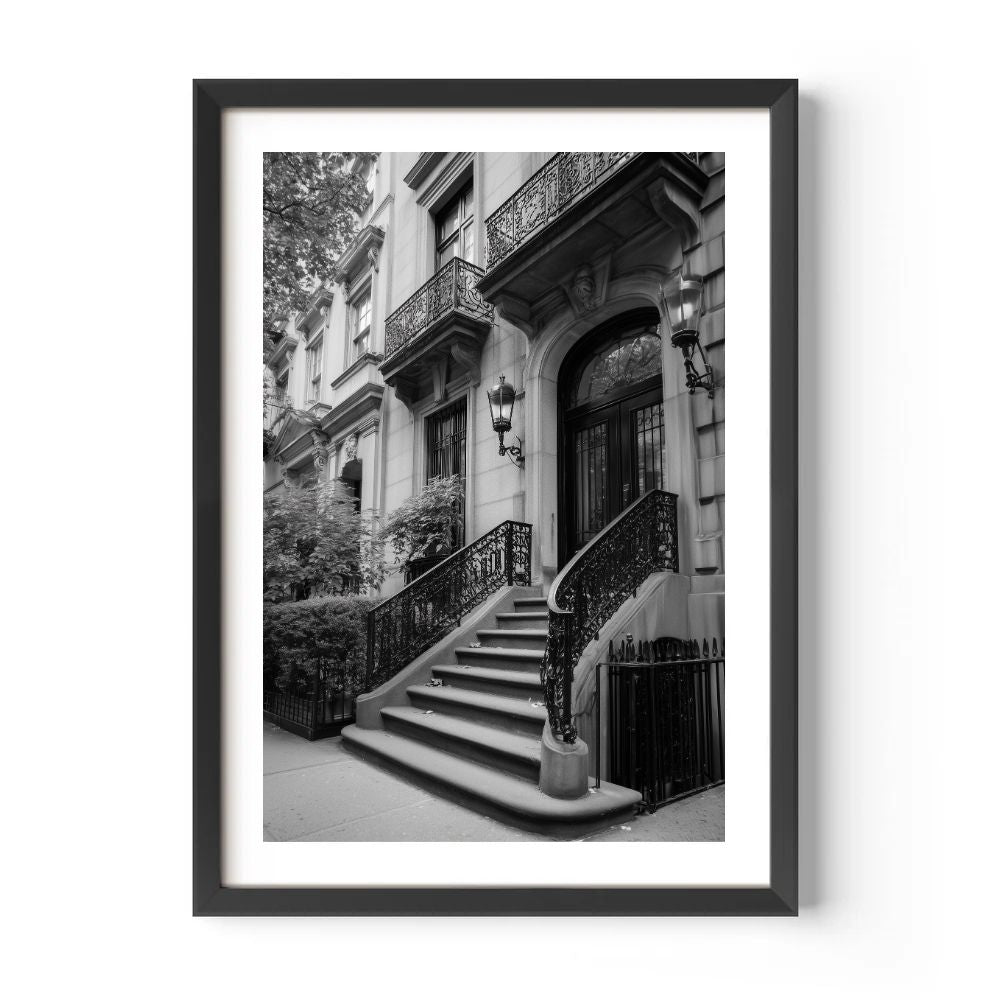 Black and white framed photograph of a grand staircase in an urban setting