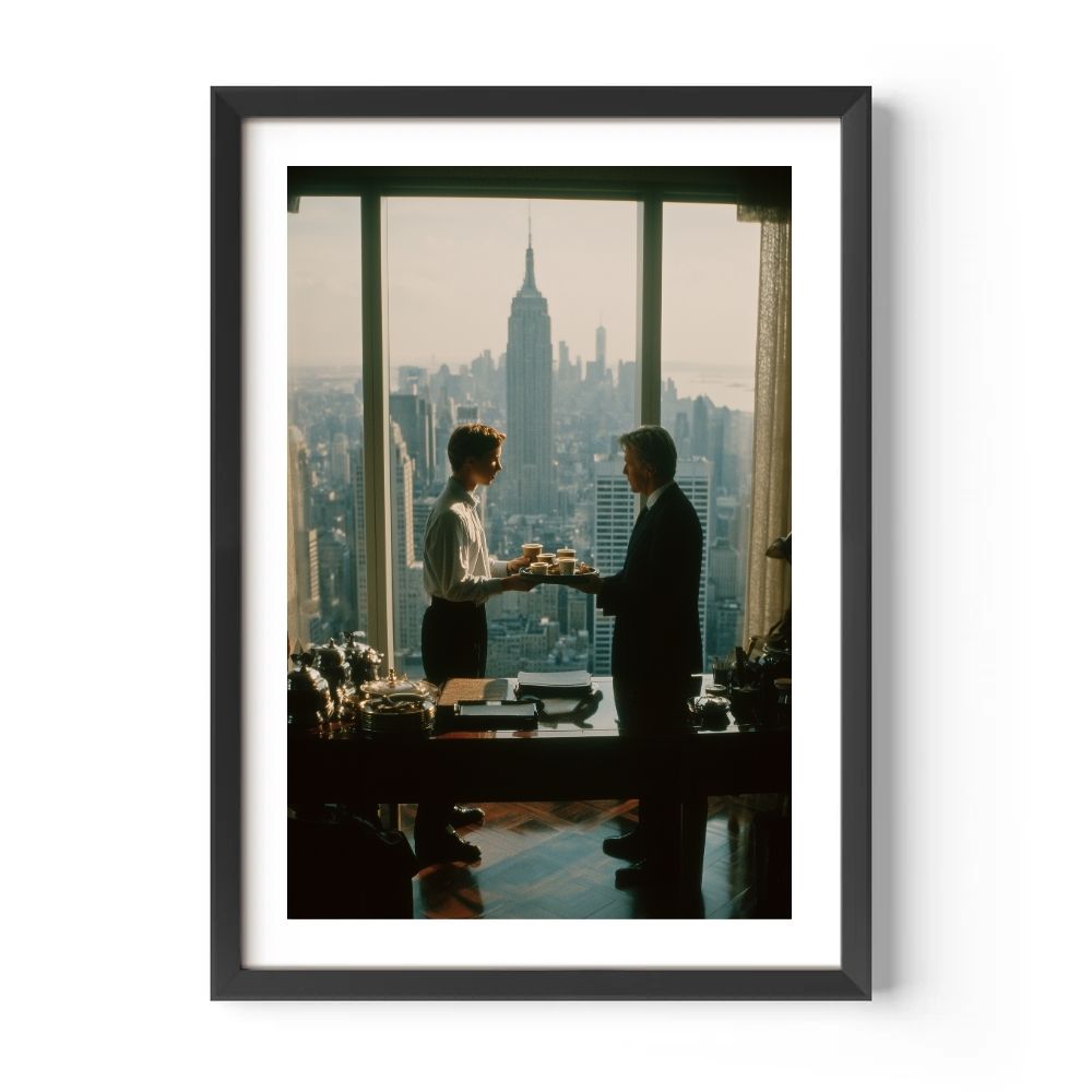 Framed artwork of two men shaking hands with a cityscape in the background