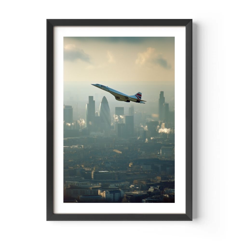 Framed artwork of an airplane flying over a cityscape with skyscrapers.