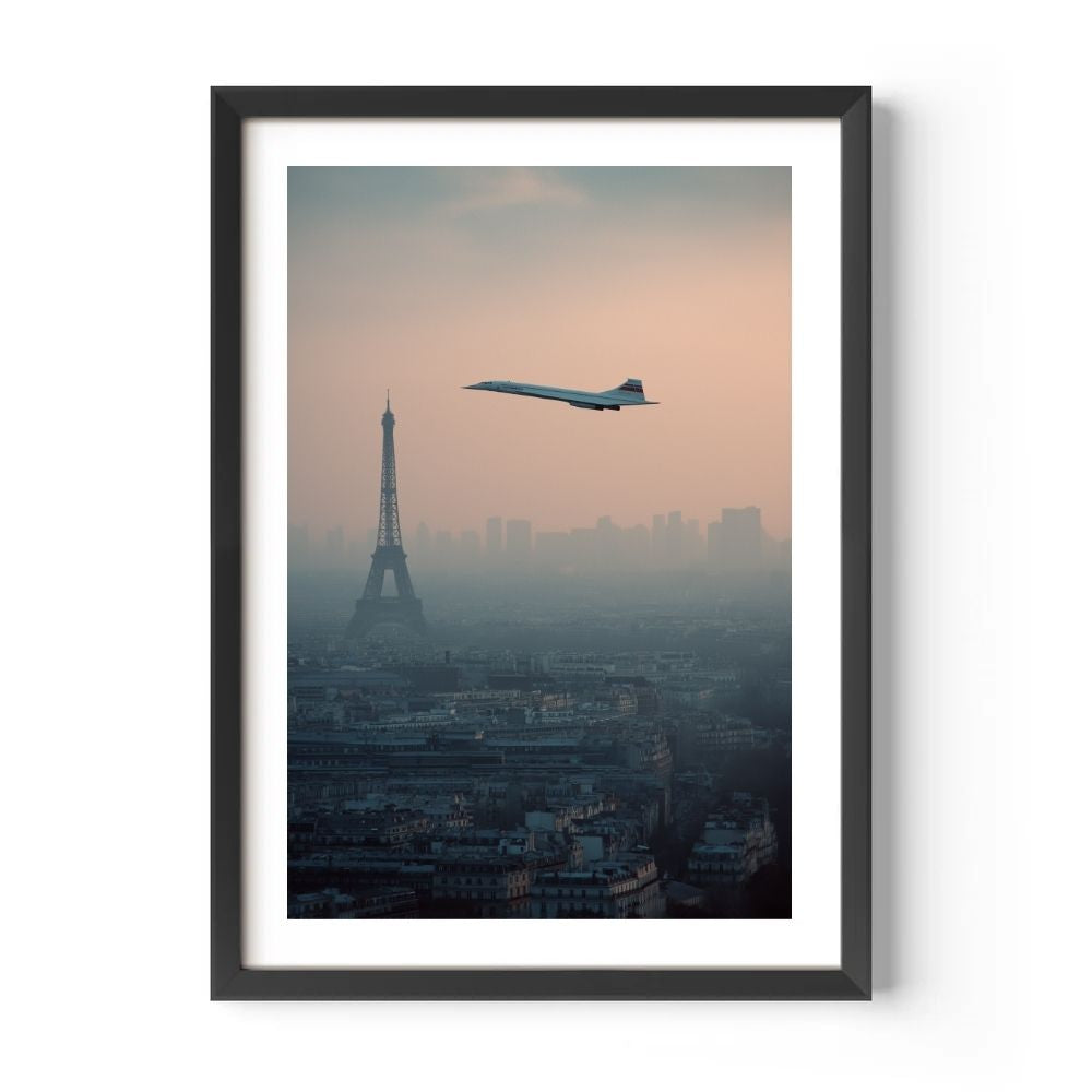 Framed artwork of an Concorde flying over Paris with the Eiffel Tower.